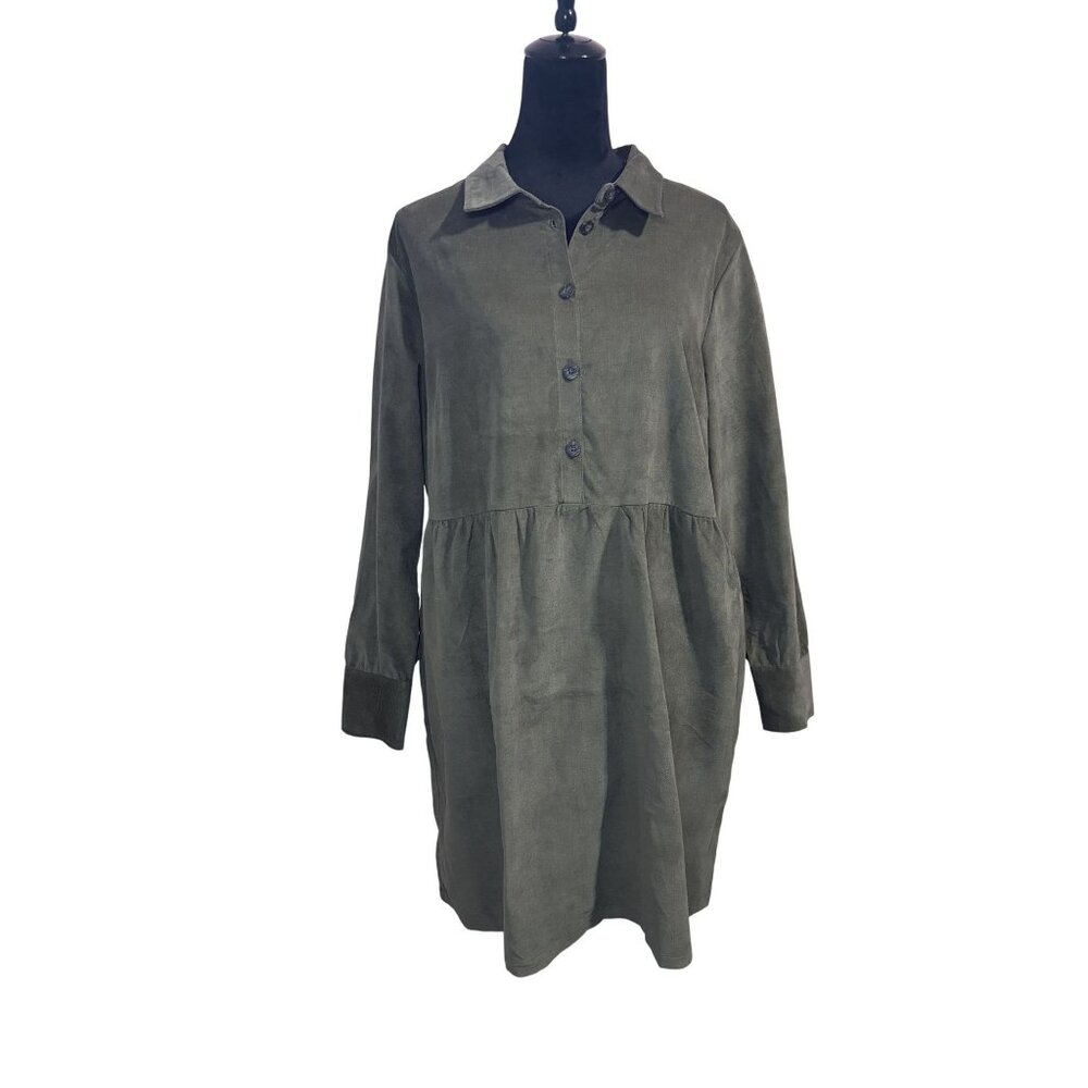 Nine West Empire Waist Olive Green Corduroy Babydoll Shirt Dress - Picture 1 of 14
